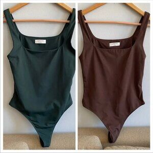 Two Aritzia Babaton Contour Bodysuits Squareneck Thong Tank Brown Green Medium